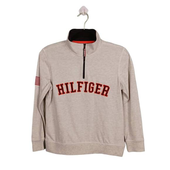 TOMMY HILFIGER Boys Gray M (12-14) Pullover Sweater 1/4 Zip Mock Collar USA Flag - Picture 2 of 10